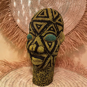 Art africain Bamiléké tête perlée jaune et noire